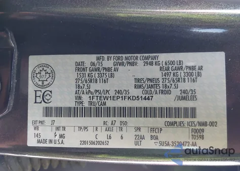 2015 Ford F-150 Xlt из США, поврежденный, VIN 1FTEW1EP1FKD51447